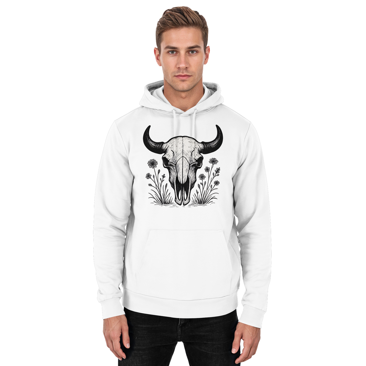 Arvenzo Bison Skull hoodie in Arctic White, front view, unisex design with bold bison skull graphic on soft hoodie fabric.
