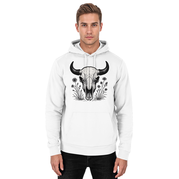 Arvenzo Bison Skull hoodie in Arctic White, front view, unisex design with bold bison skull graphic on soft hoodie fabric.