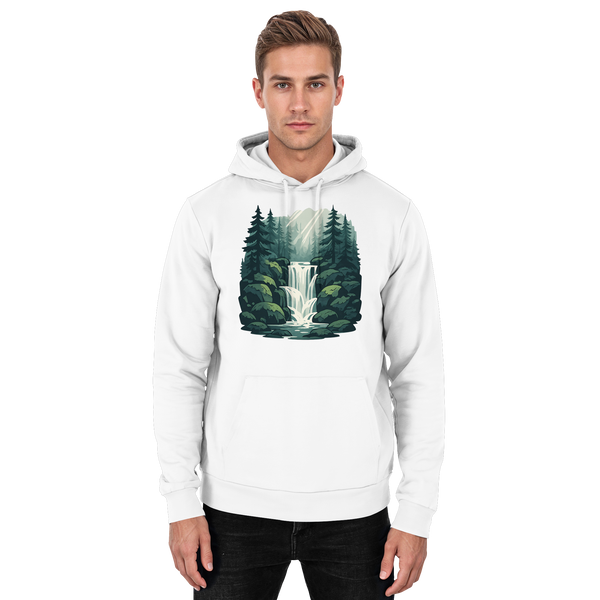 Fall Creek hoodie in Arctic White with a waterfall in a pine forest – Arvenzo