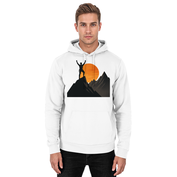 Bold Ascent hoodie in Arctic White with a hiker on a mountain summit at sunset – Arvenzo