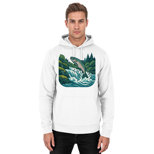 Silver Run hoodie in Arctic White with a salmon leaping up a river – Arvenzo