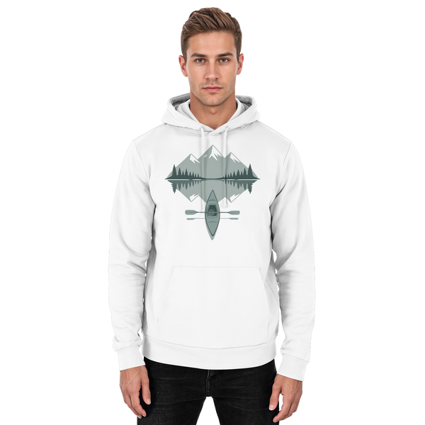 Mirror Lake hoodie in Arctic White with a kayak on a mirrored mountain lake – Arvenzo