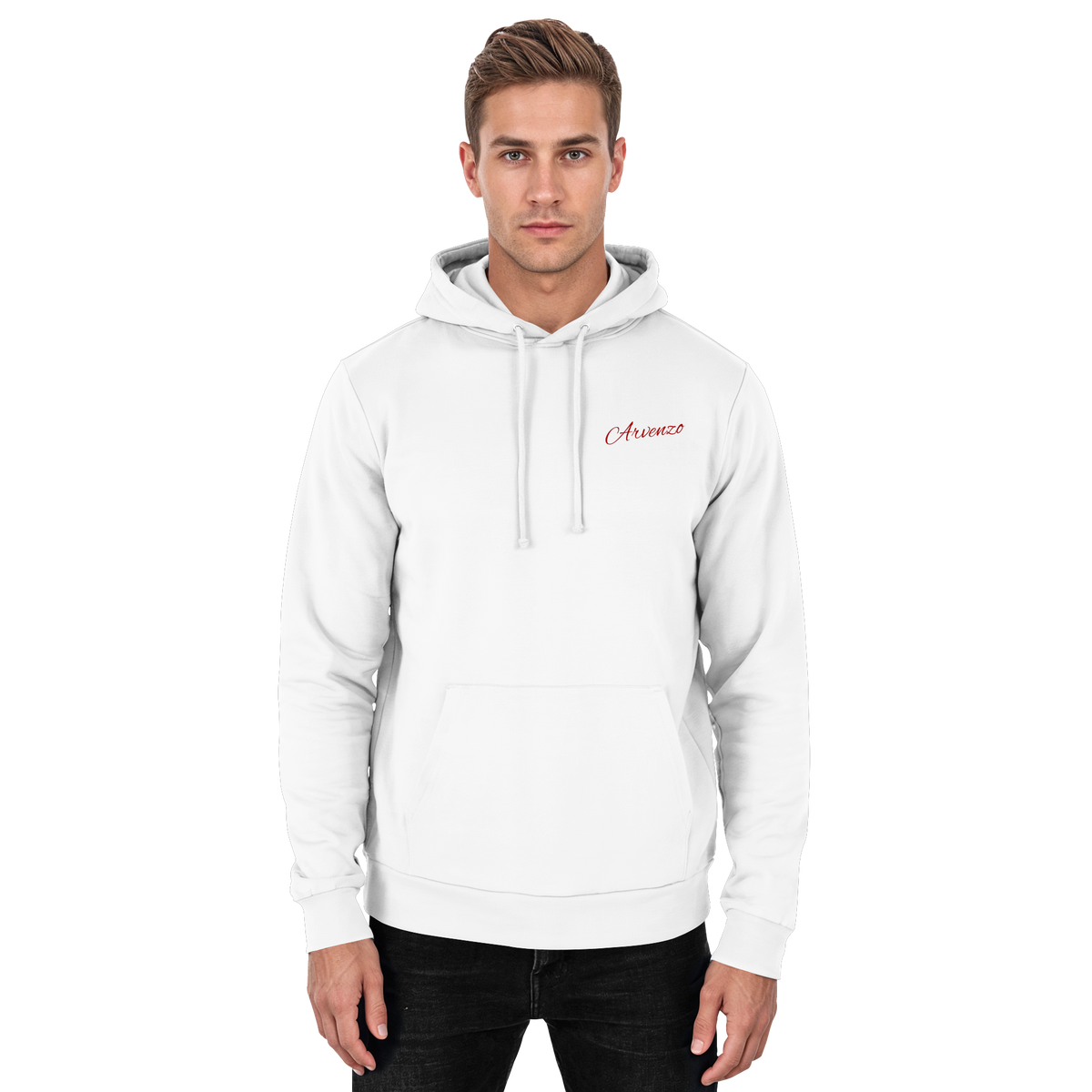 Arvenzo Pure Ground Hoodie in Arctic White, front view of a unisex hoodie with a simple, clean design and soft fabric.