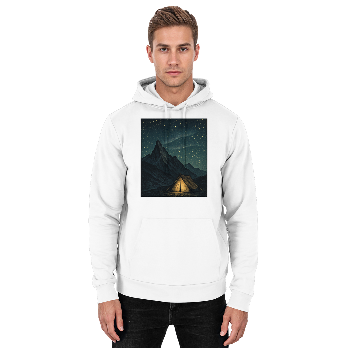 Arvenzo North Light Hoodie in Arctic White, front view of unisex hoodie with simple design and comfortable fit.