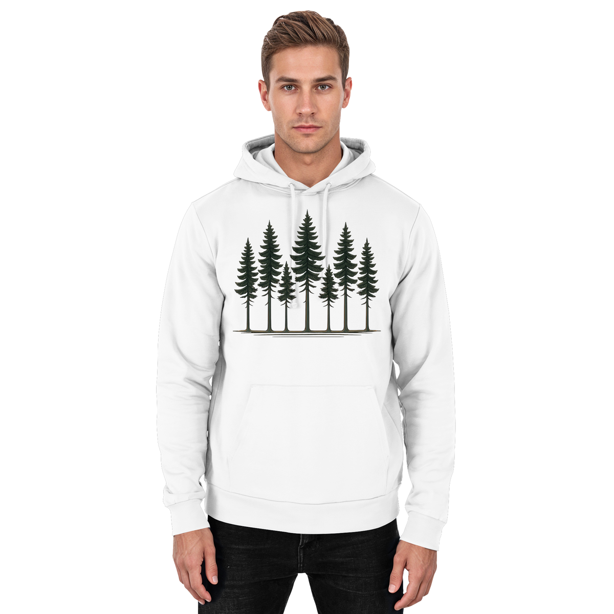 Arvenzo Pine Dusk Hoodie in Arctic White, front view of a unisex hoodie with a minimalist design and comfortable fit.