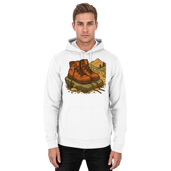 Trail Rest hoodie in Arctic White with a pair of hiking boots on the trail – Arvenzo