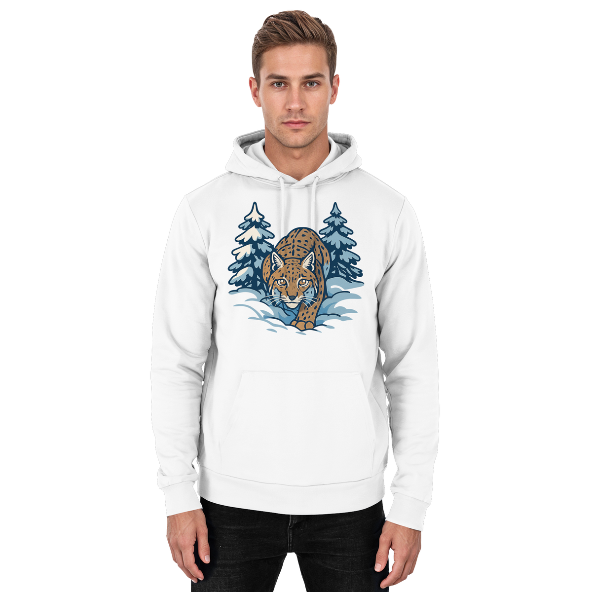 Arvenzo Snow Lynx hoodie in Arctic White, unisex front view showing cozy hoodie with a clean design and soft fabric.