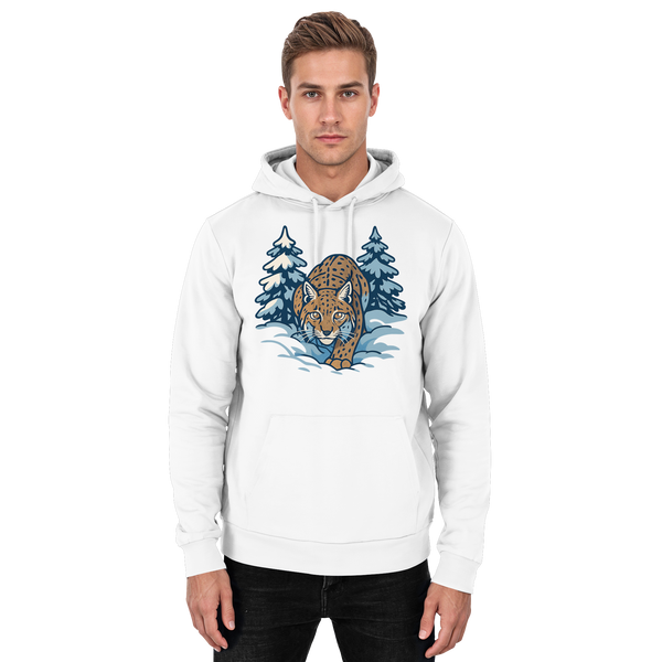 Snow Lynx hoodie in Arctic White with a lynx in the snow – Arvenzo
