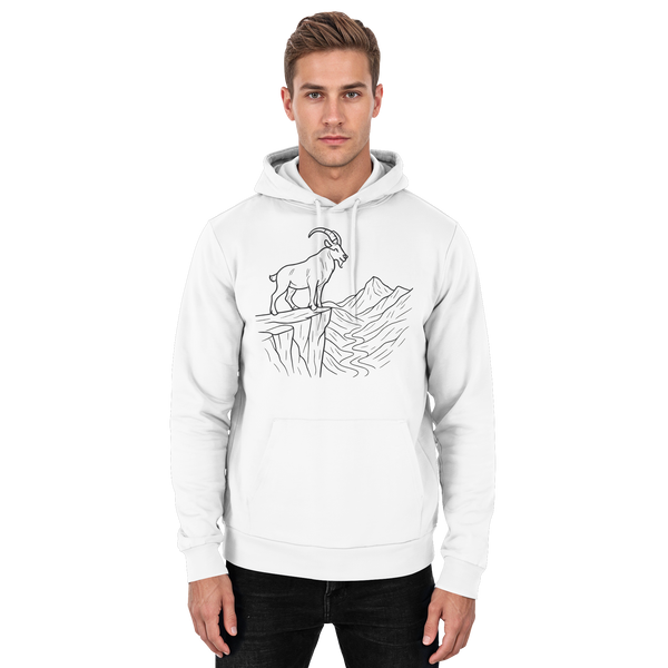 Cliff Edge hoodie in Arctic White with a mountain goat on a cliff line-art – Arvenzo