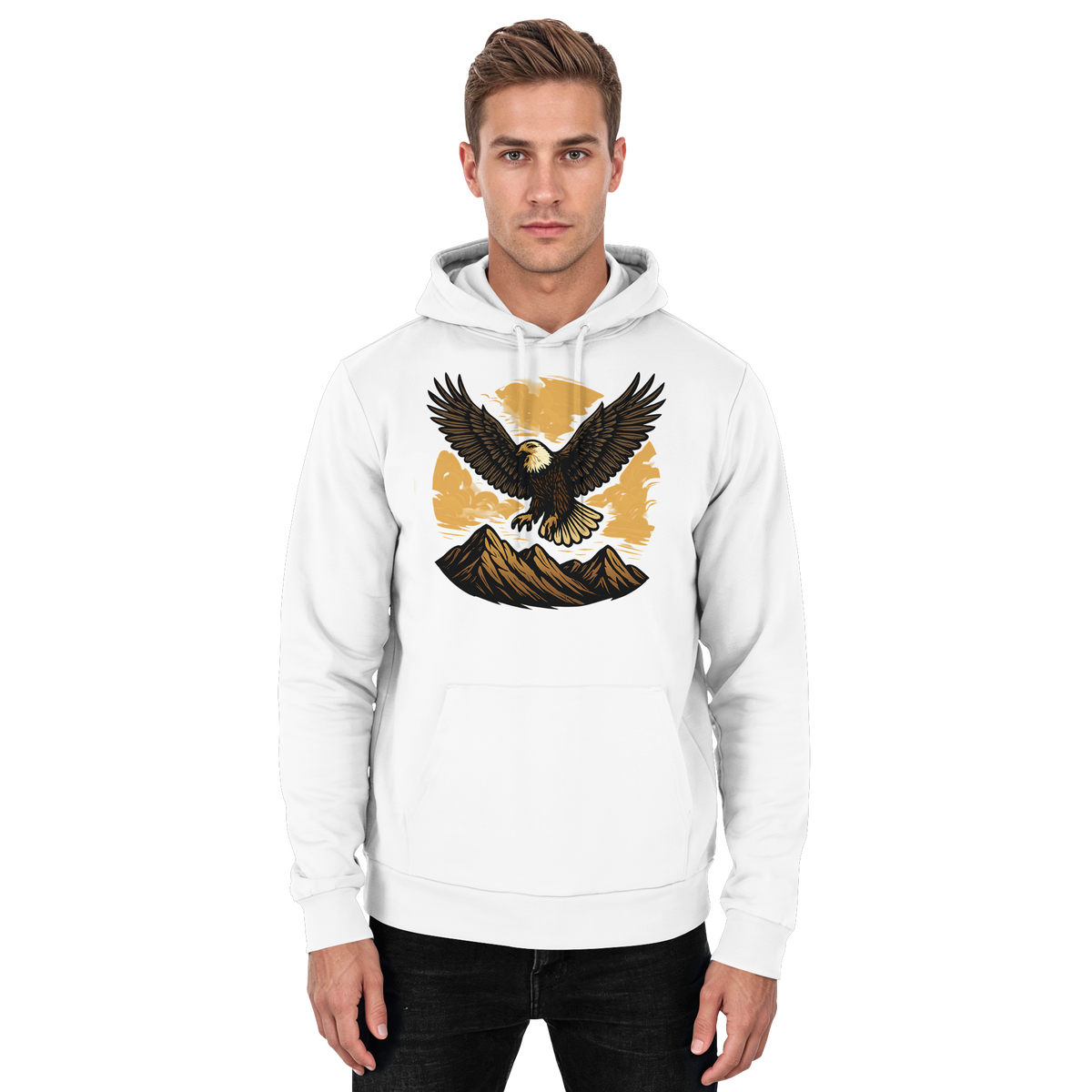 Arvenzo Iron Wing Hoodie in Arctic White, front view, unisex casual hoodie with a minimalist design and comfortable fit.