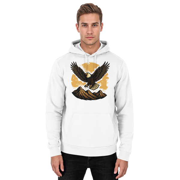 Iron Wing hoodie in Arctic White with a soaring eagle over mountains – Arvenzo