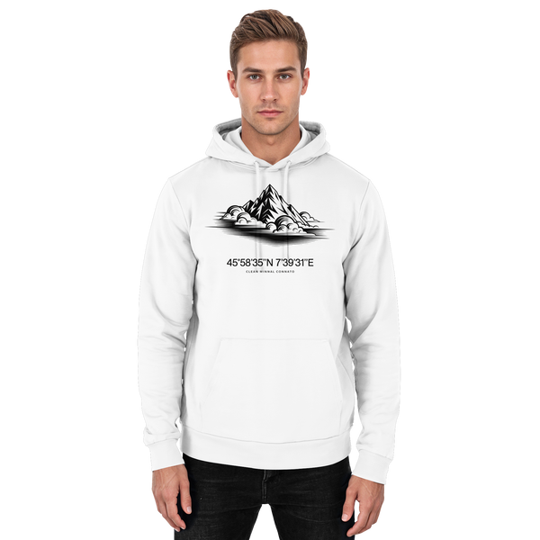 Summit Point hoodie in Arctic White with a Matterhorn print with GPS coordinates – Arvenzo