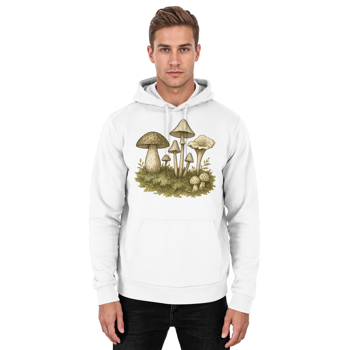 Arvenzo Forest Floor Hoodie in Arctic White, unisex front view showing cozy hoodie with forest-themed design and comfortable fit.