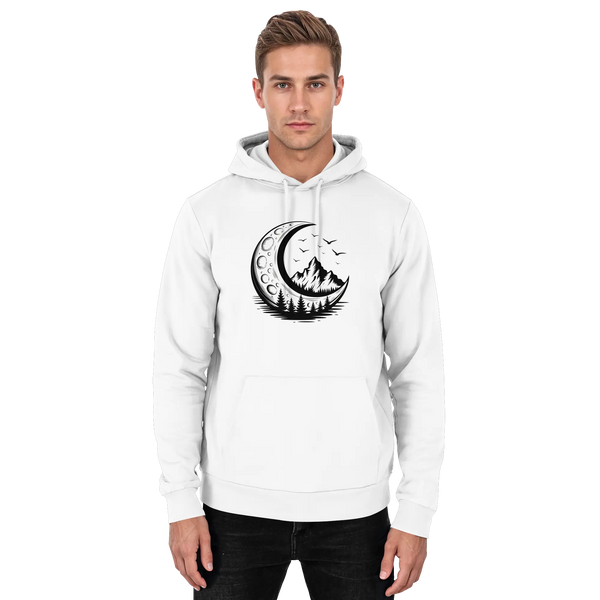 Crescent Peak hoodie in Arctic White with a crescent moon and mountain – Arvenzo
