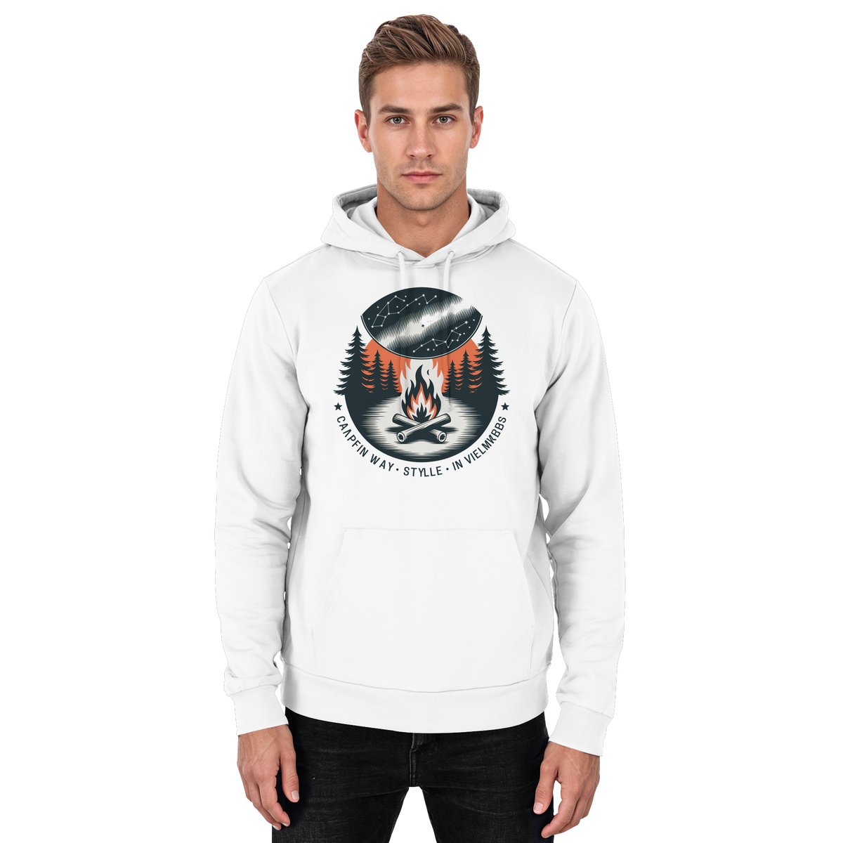 Arvenzo Star Map Hoodie in Arctic White, unisex front view showing celestial star pattern on cozy hoodie fabric.