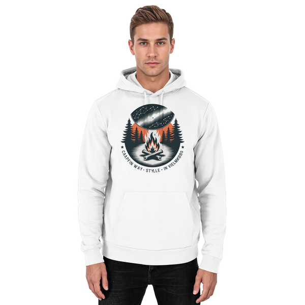 Star Map hoodie in Arctic White with a campfire under a starry sky – Arvenzo