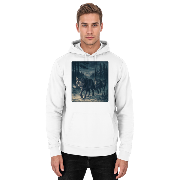 Pack North hoodie in Arctic White with a wolf pack in a night forest – Arvenzo