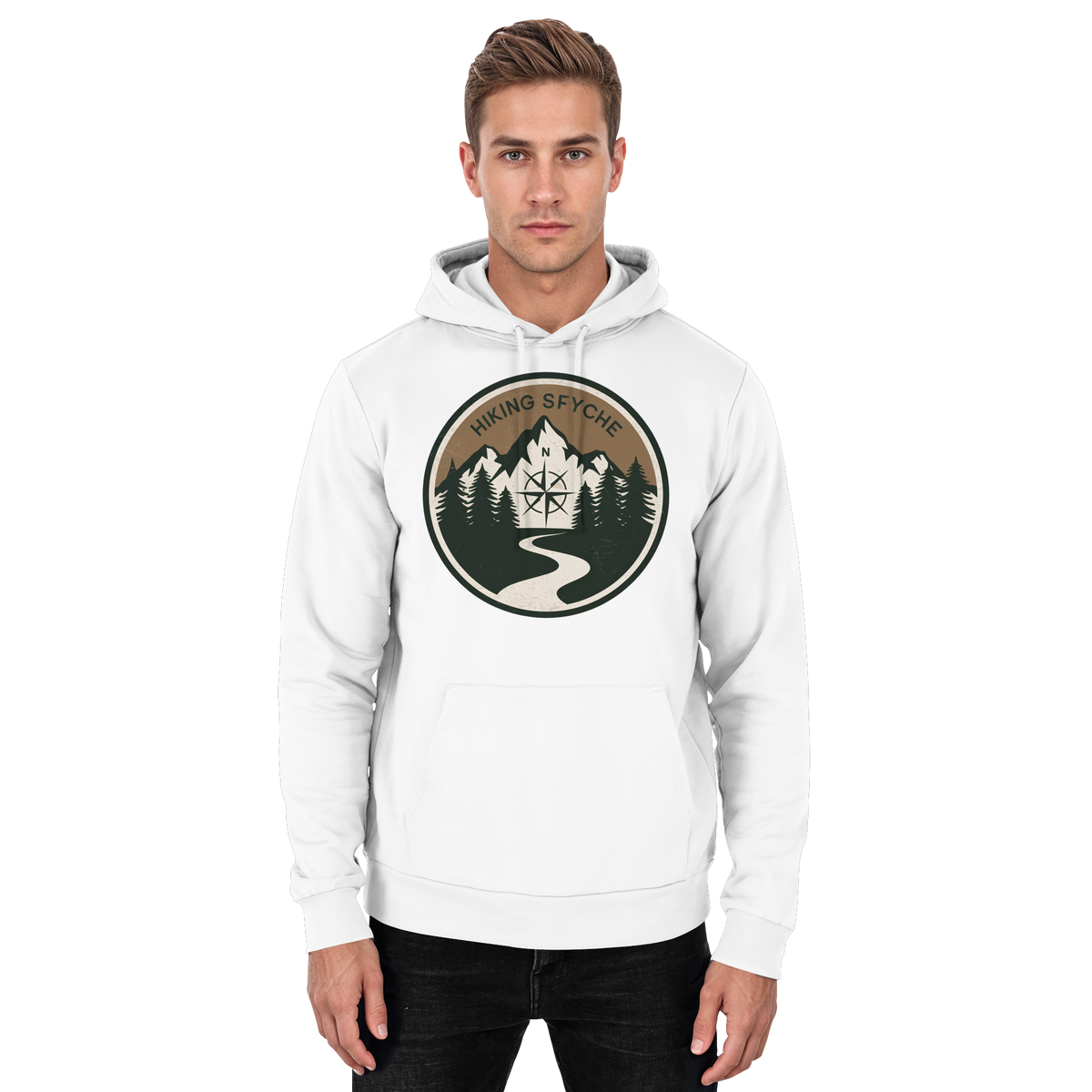 Arvenzo Trail Crest Hoodie in Arctic White, unisex front view showing a casual hoodie with a relaxed fit and soft fabric.