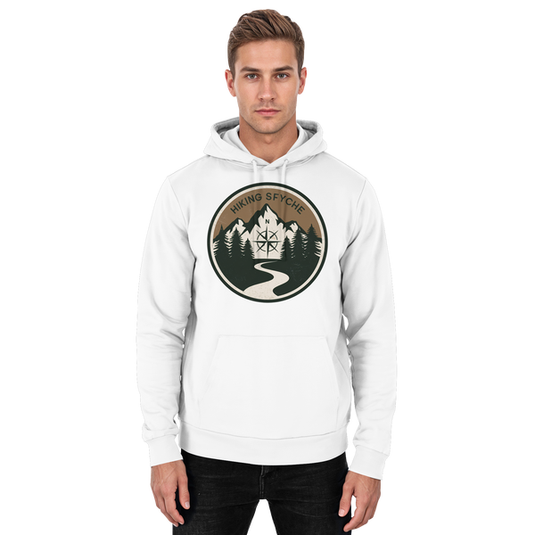 Trail Crest hoodie in Arctic White with a vintage hiking badge with compass and mountains – Arvenzo