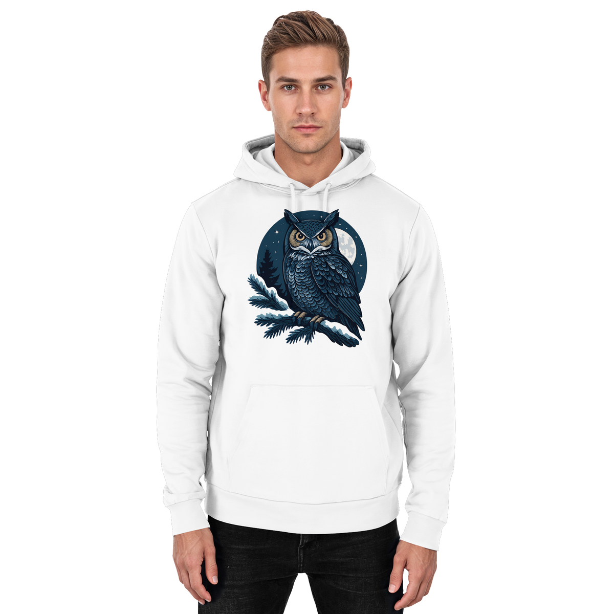 Unisex Arctic White Night Watch Hoodie by Arvenzo showing a front view with a simple design and cozy fit.