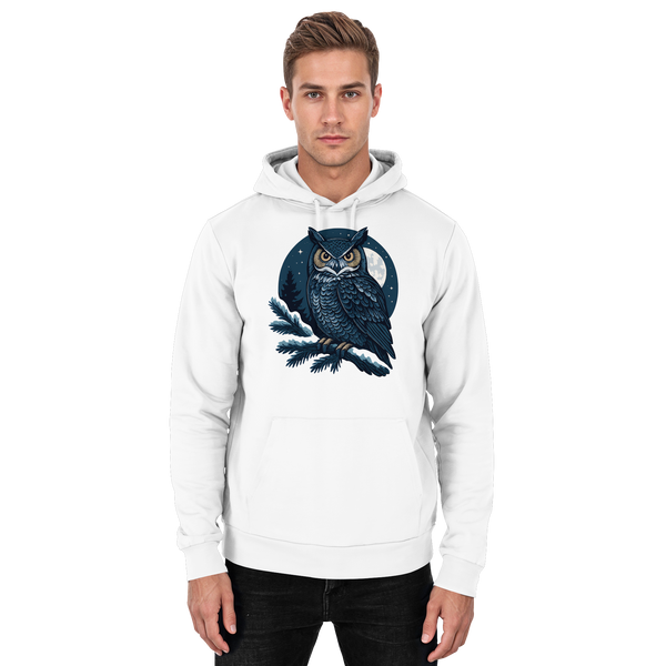 Night Watch hoodie in Arctic White with a night owl on a pine branch – Arvenzo