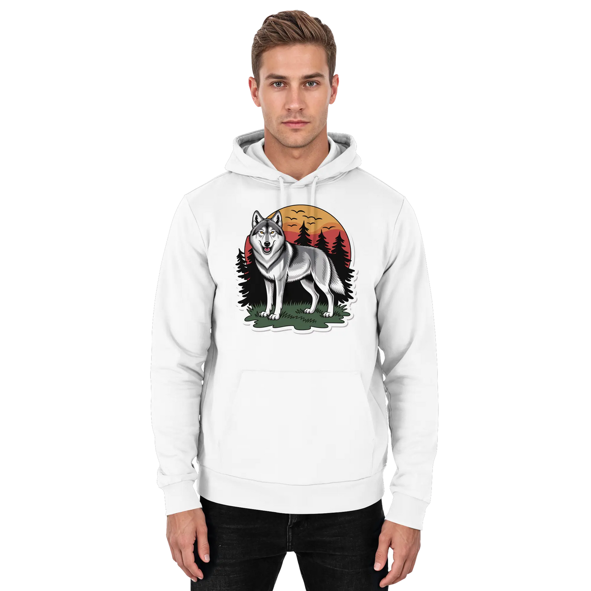 Arvenzo Lone Dusk unisex hoodie in Arctic White, front view showing a simple, comfortable hoodie with a hood and front pocket.