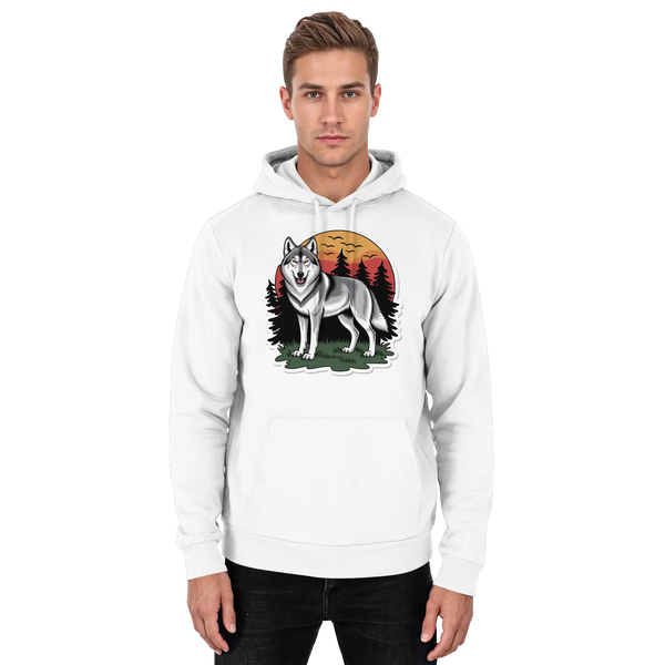 Lone Dusk hoodie in Arctic White with a lone wolf at sunset – Arvenzo