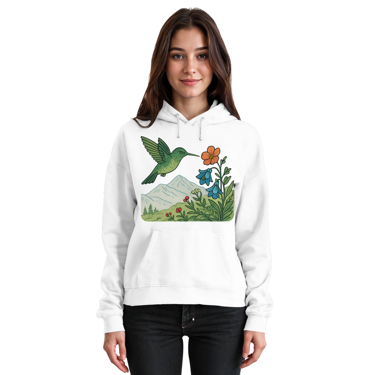 Arvenzo Bloom Wing hoodie in Arctic White, front view showcasing unisex hoodie with a simple design and comfortable fit.
