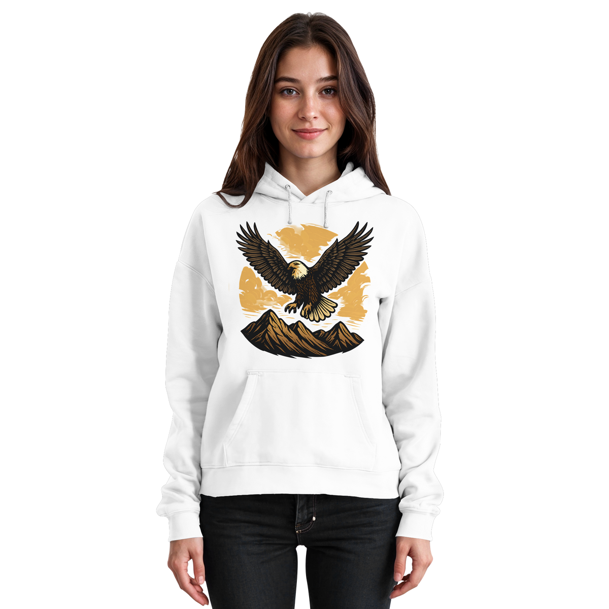 Front view of Arvenzo Iron Wing Hoodie, a unisex Arctic White hoodie with a simple design and comfortable fit.