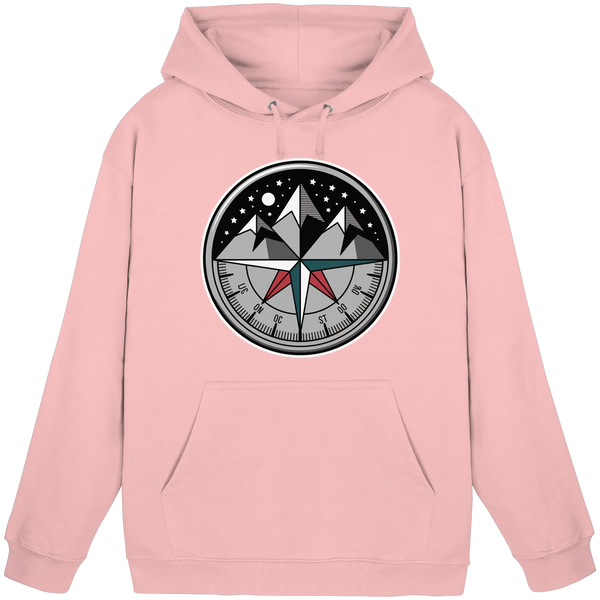 Compass Rose hoodie in Baby Pink with starry compass and snowy mountain print – Arvenzo