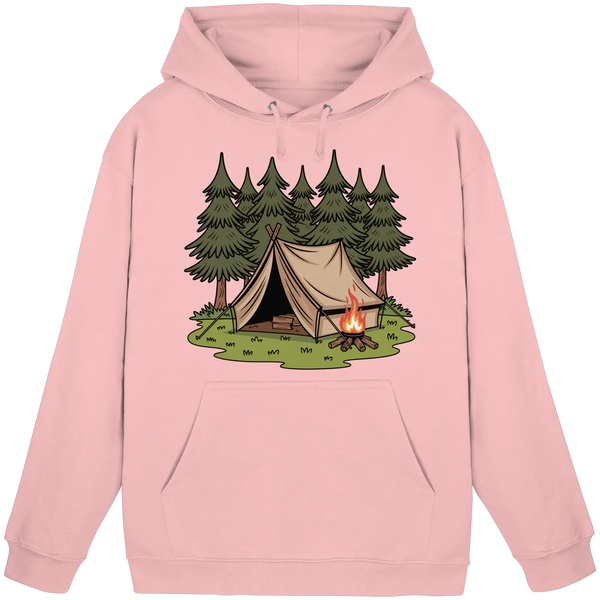 Rustic Retreat hoodie in Baby Pink with a tent, campfire and pine forest – Arvenzo
