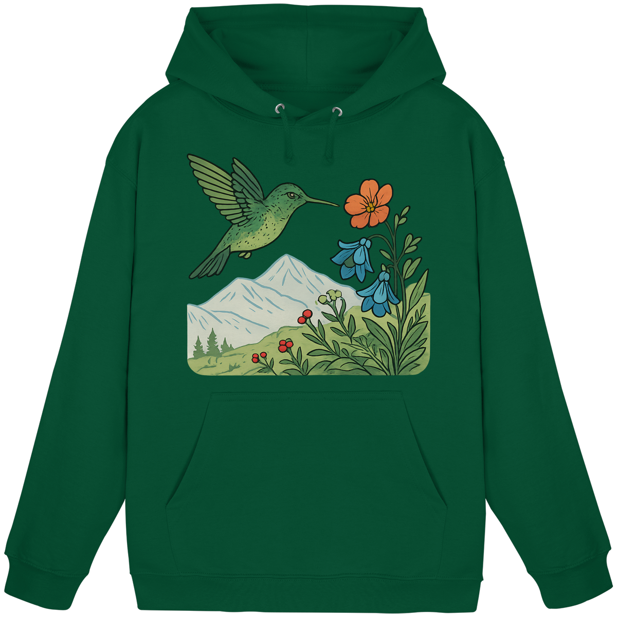 Arvenzo Bloom Wing unisex hoodie in bottle green, front view showing stylish hoodie design and comfortable fit.