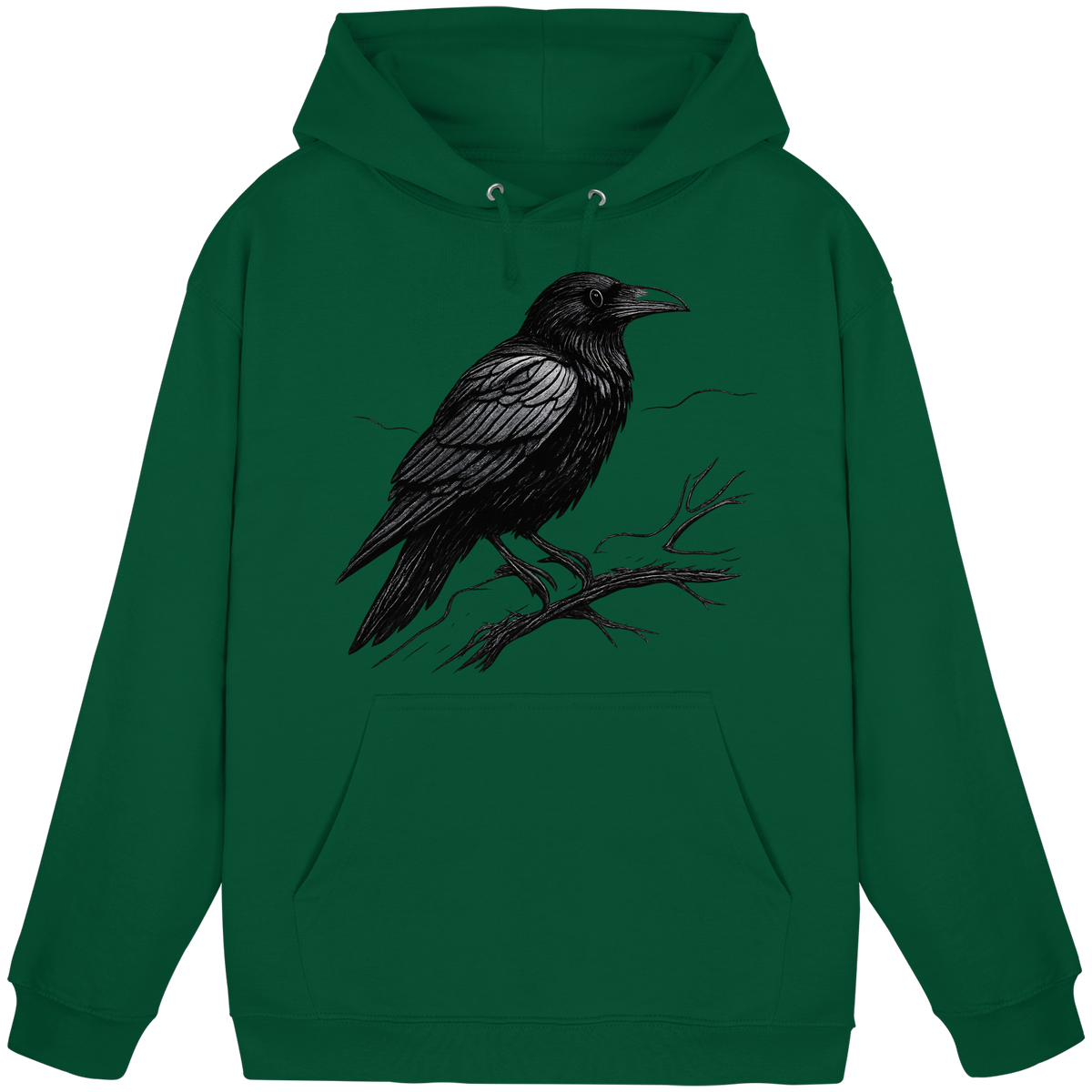 Unisex bottle green Dark Raven Hoodie by Arvenzo, front view showing simple design and comfortable fit.
