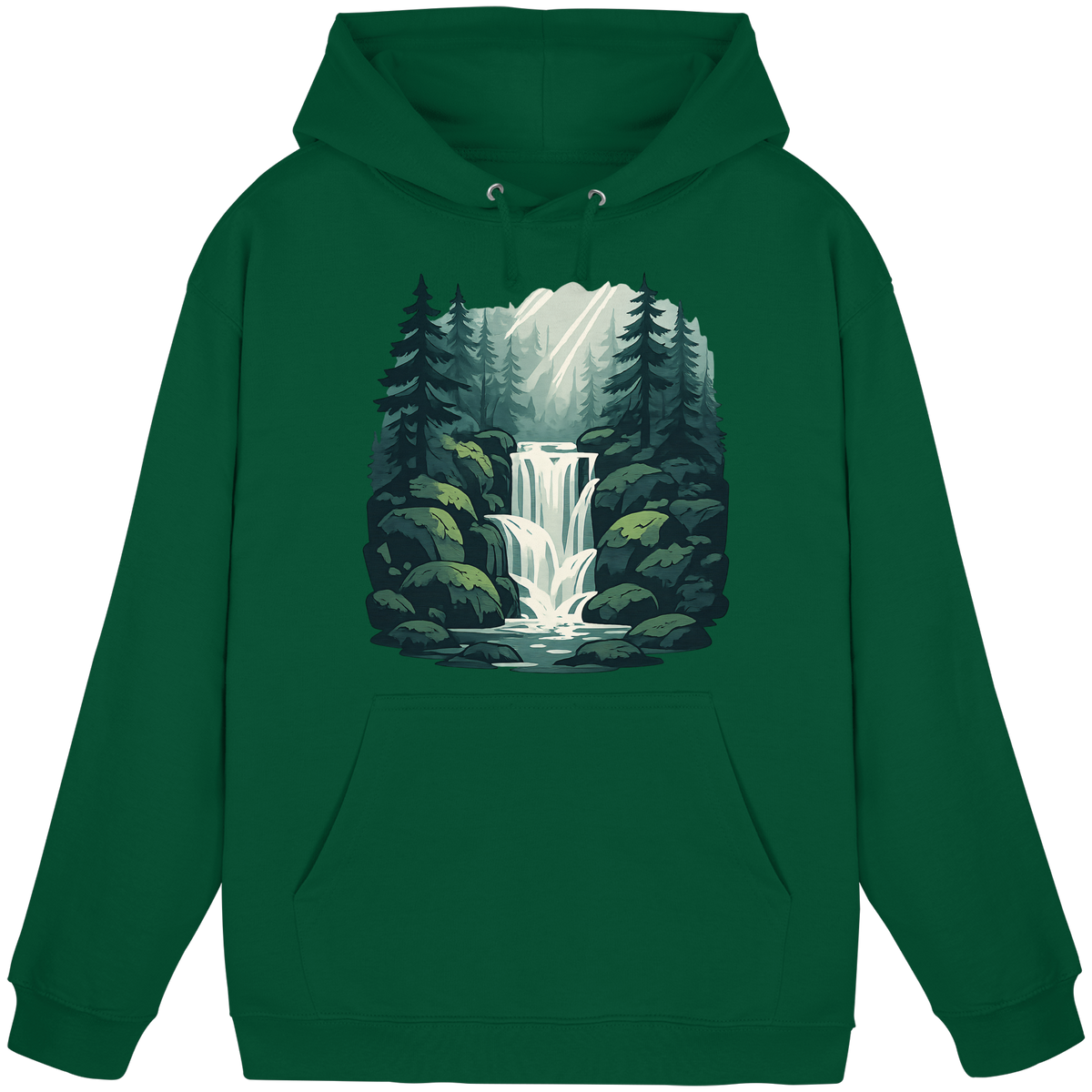 Bottle green Fall Creek hoodie by Arvenzo, front view showing a classic unisex hoodie design with a hood and front pocket.