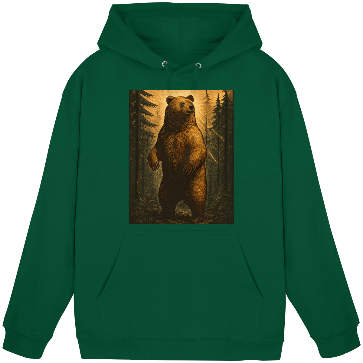 Front view of Arvenzo Deep Timber unisex hoodie in bottle green, featuring a classic hood and casual fit.