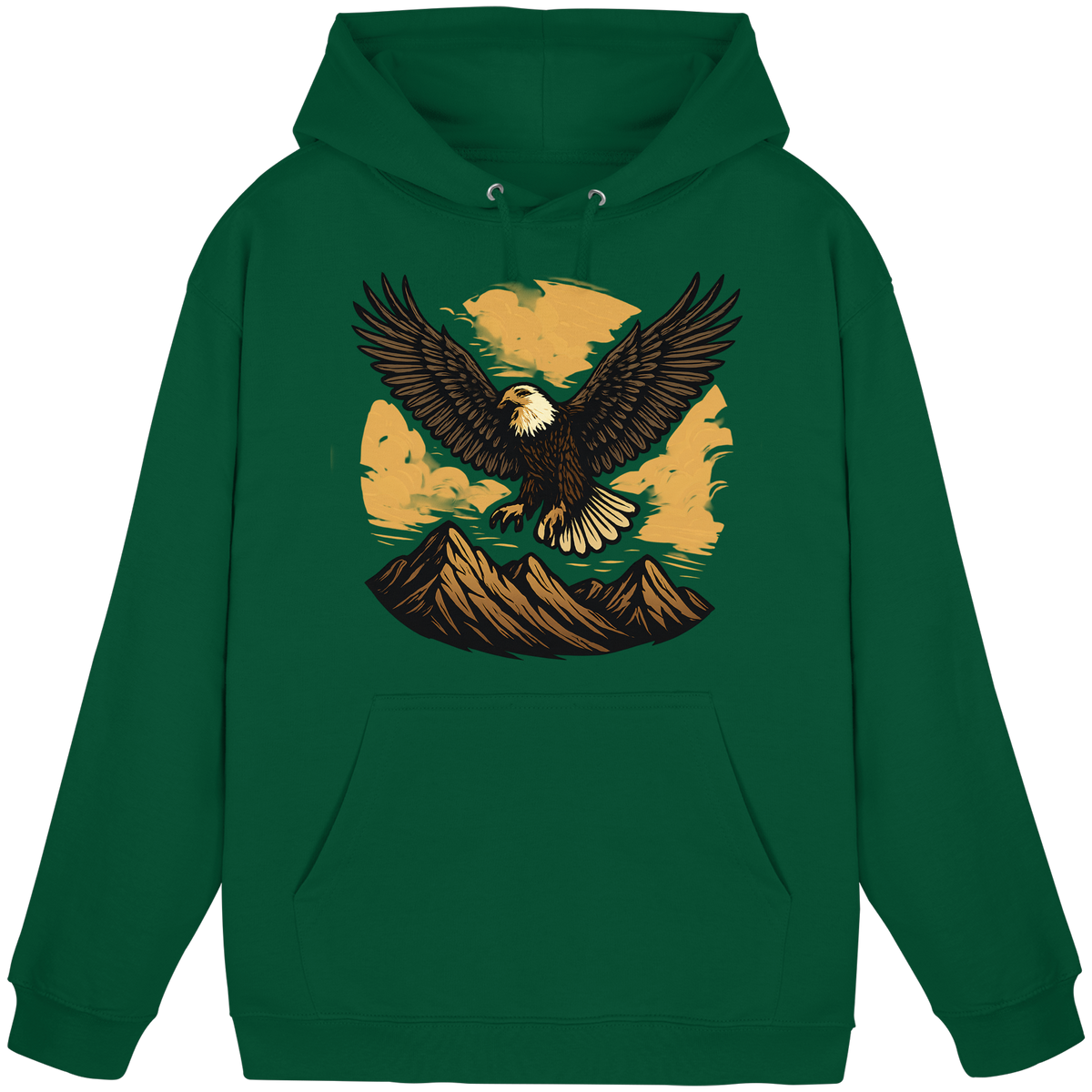 Front view of Arvenzo Iron Wing hoodie in bottle green, unisex design with a simple Iron Wing graphic on the chest.