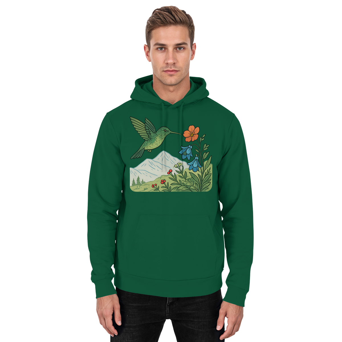 Arvenzo Bloom Wing hoodie in bottle green, front view, unisex casual hoodie with a simple design and comfortable fit.