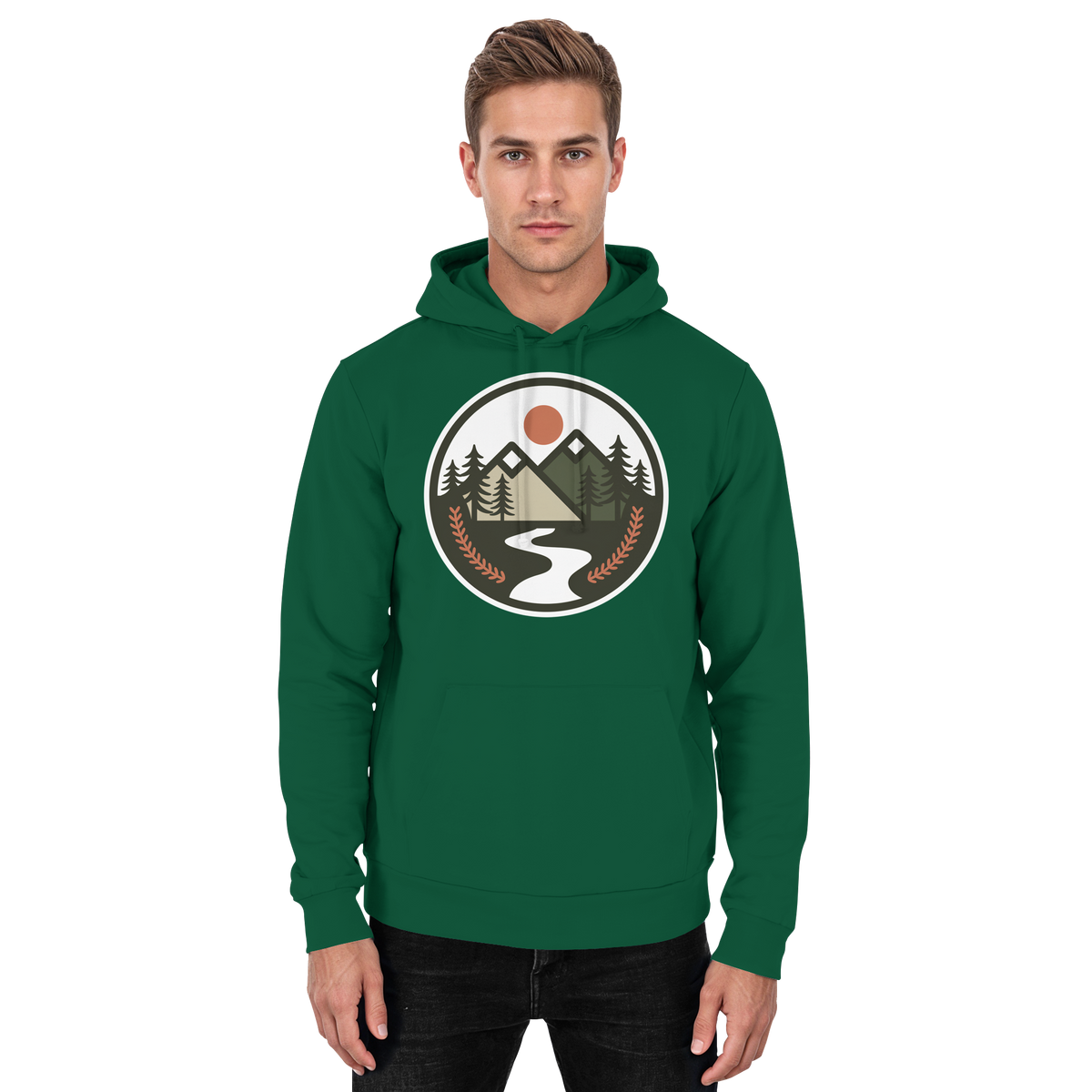 Unisex Arvenzo Open Ground hoodie in bottle green, front view showing a simple, casual hoodie with a front pocket.