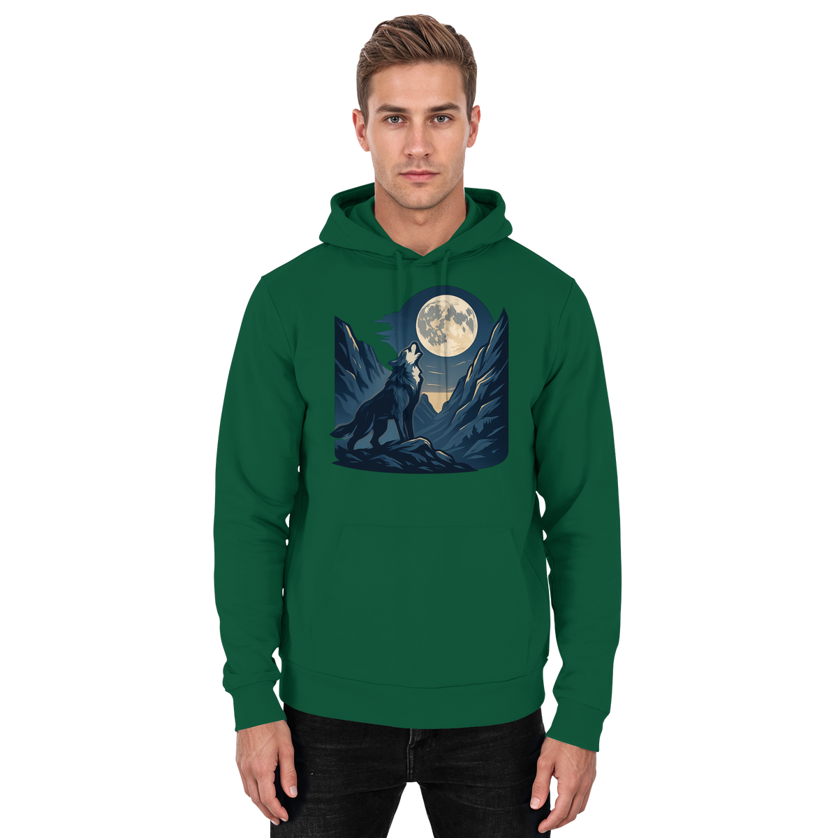 Front view of Arvenzo Silver Howl hoodie in bottle green, a unisex casual hoodie with a simple design and comfortable fit.