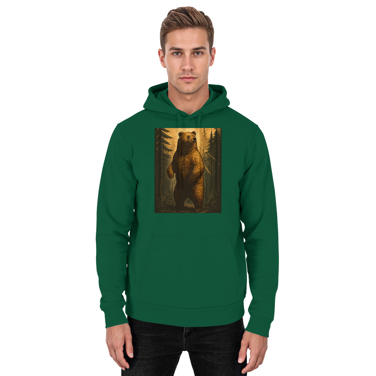 Arvenzo Deep Timber Hoodie in bottle green, unisex hoodie featuring a front design, casual style, and comfortable fit.
