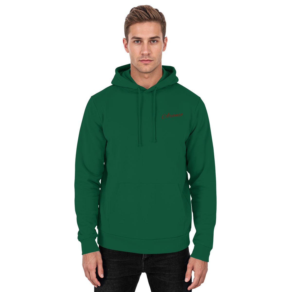 Front view of Arvenzo Pure Ground hoodie in bottle green, unisex design with a simple, classic hoodie style.