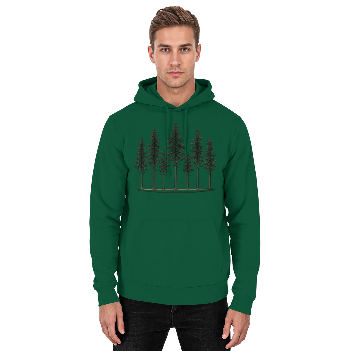 Front view of Arvenzo Pine Dusk Hoodie in bottle green, unisex hoodie with a simple, comfortable design.
