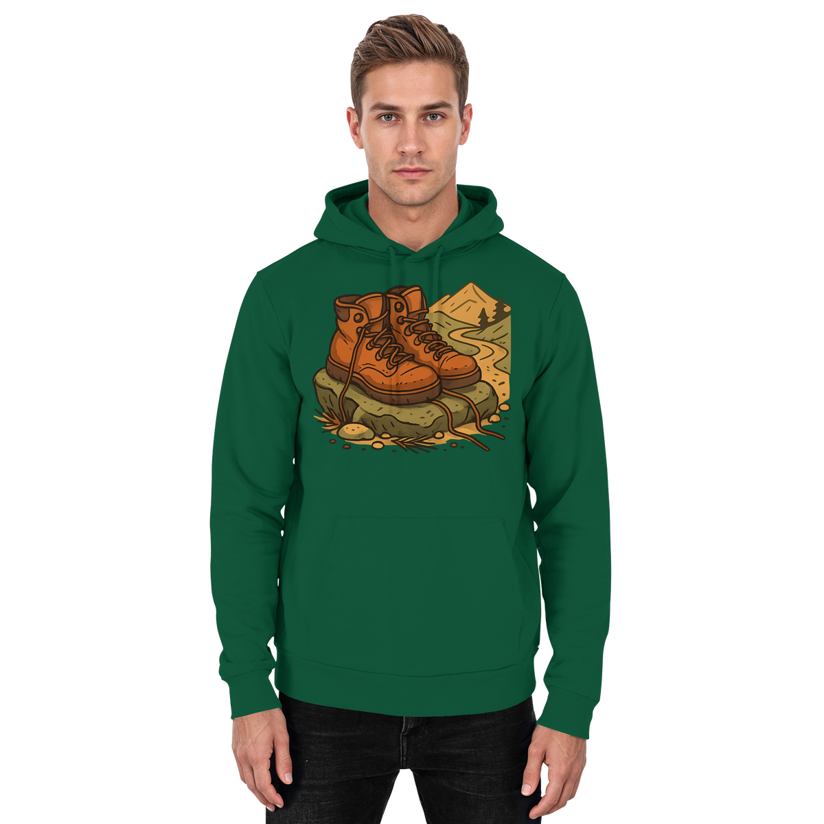 Unisex Bottle Green Trail Rest Hoodie by Arvenzo with front design, soft fabric, and a relaxed fit, perfect for outdoor activities.
