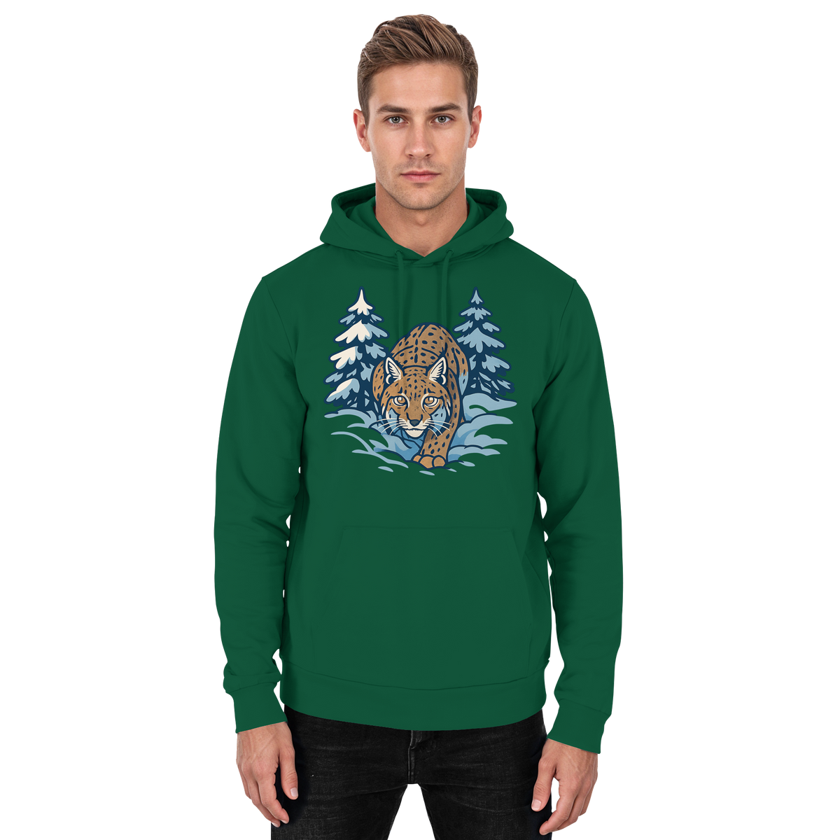 Arvenzo Snow Lynx hoodie in bottle green, unisex front view showing casual hoodie with a snow lynx graphic design
