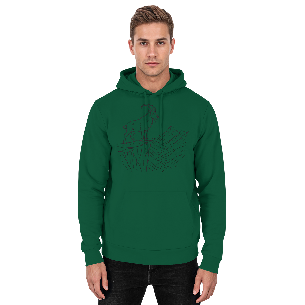 Unisex Cliff Edge Hoodie by Arvenzo in bottle green with a front basic design, displayed on a plain background.