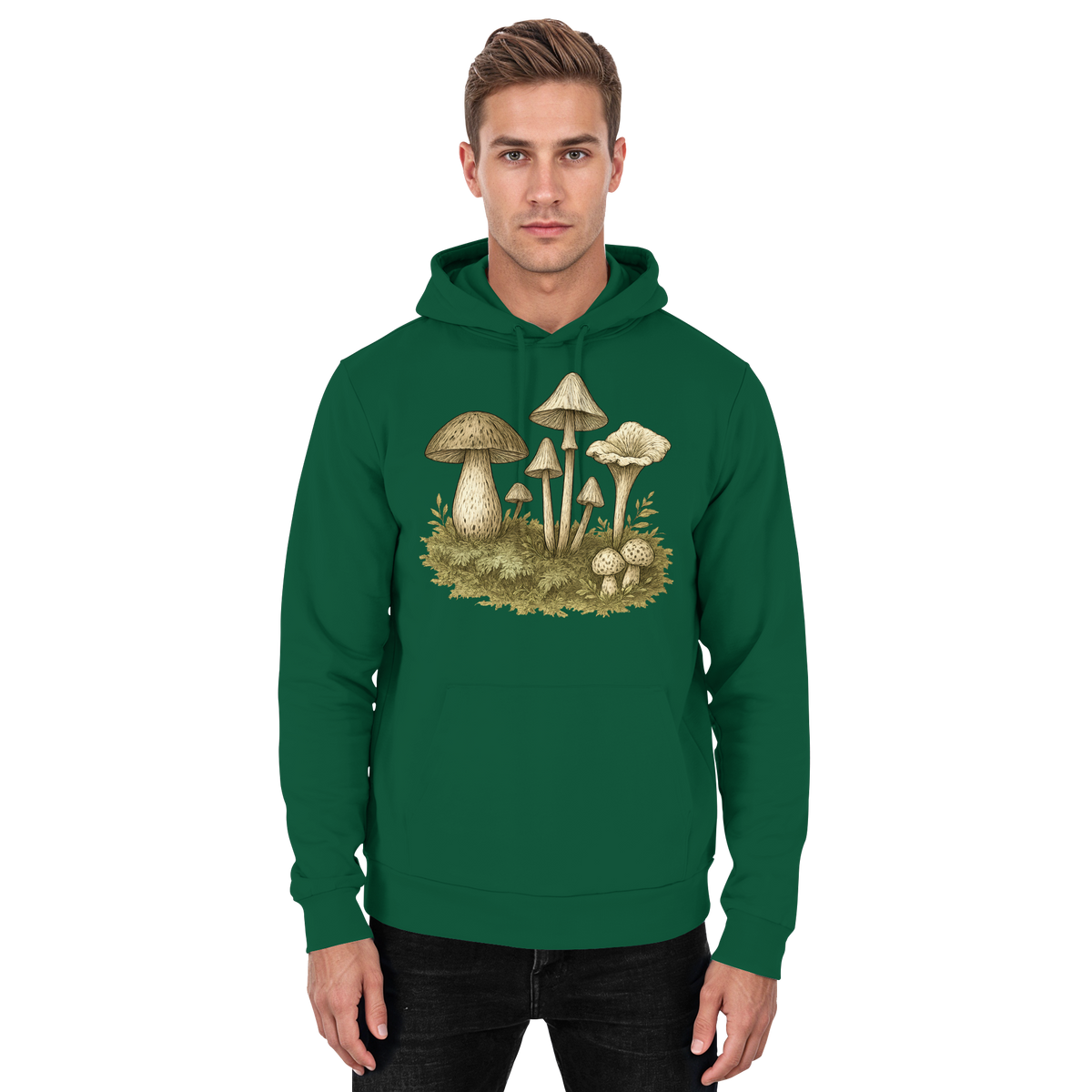 Arvenzo Forest Floor Hoodie in bottle green, front view showing a unisex hoodie with forest-themed design and comfortable fit.