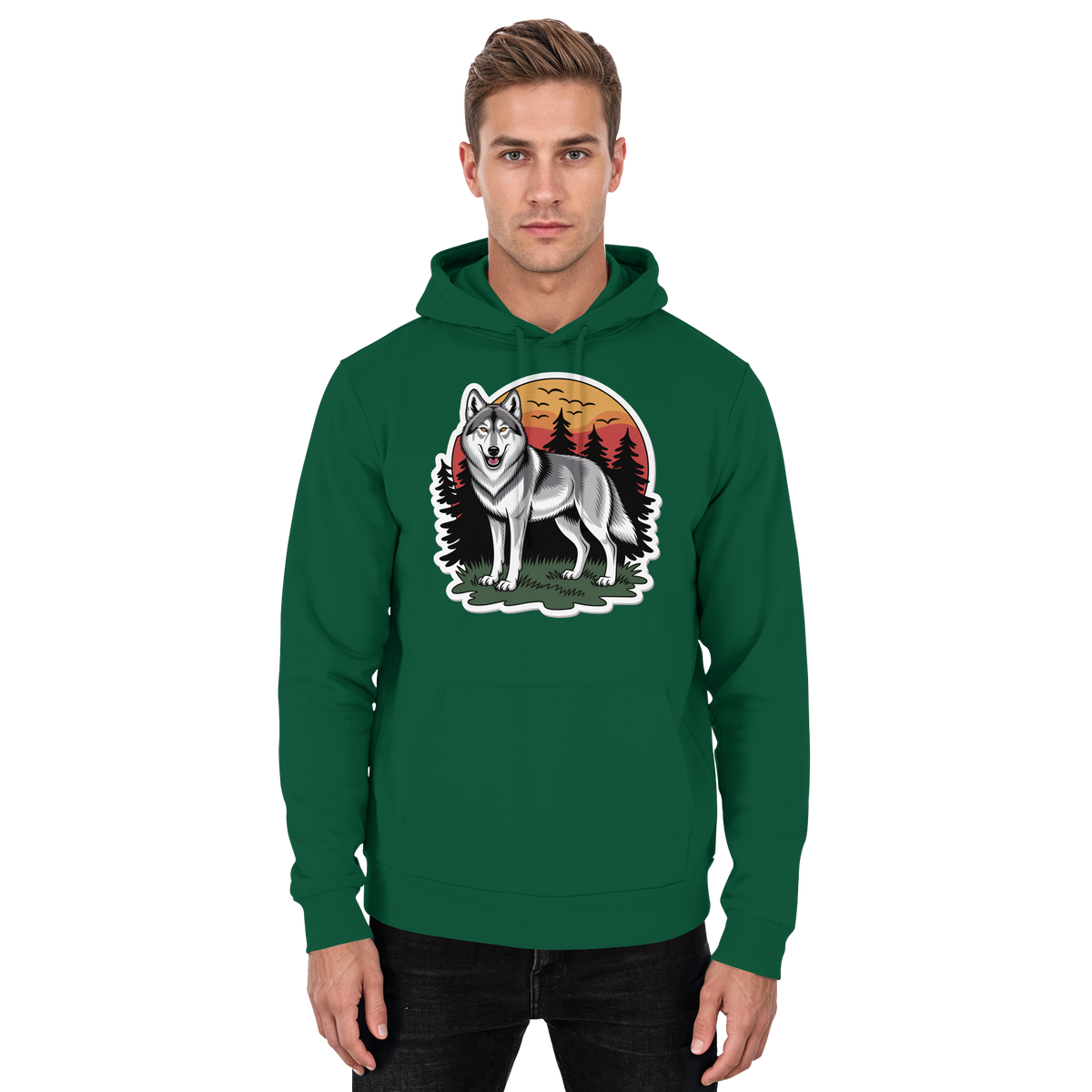 Front view of Arvenzo Lone Dusk unisex hoodie in bottle green with a simple, classic design and a hood for casual wear.