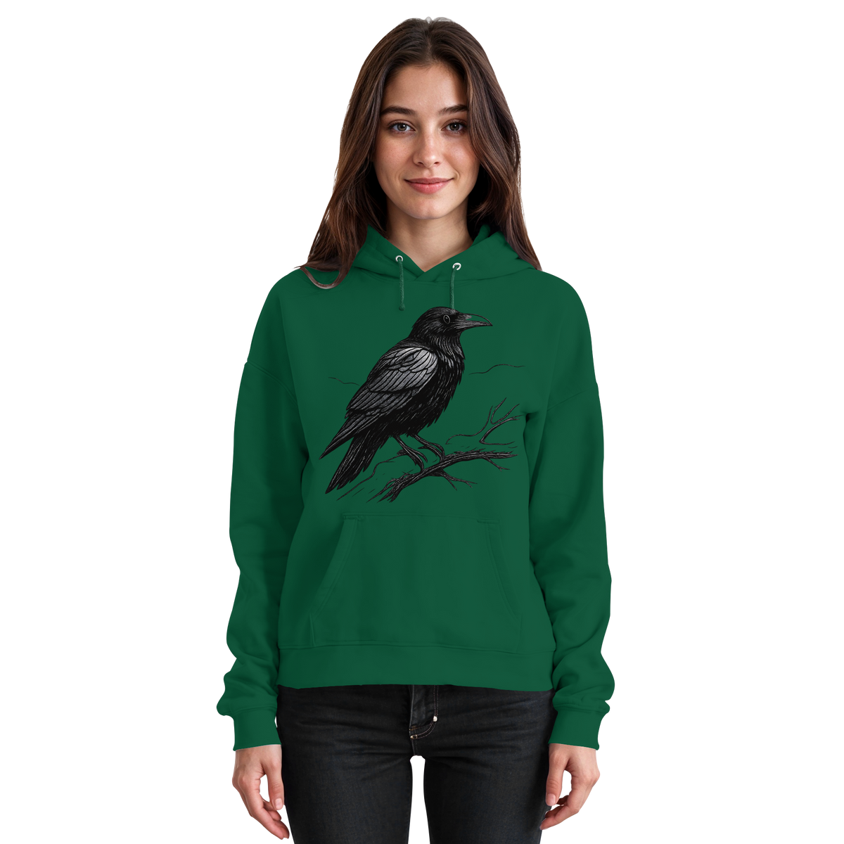 Front view of Arvenzo Dark Raven Hoodie in bottle green, unisex design with a casual, comfortable fit and minimalist style.