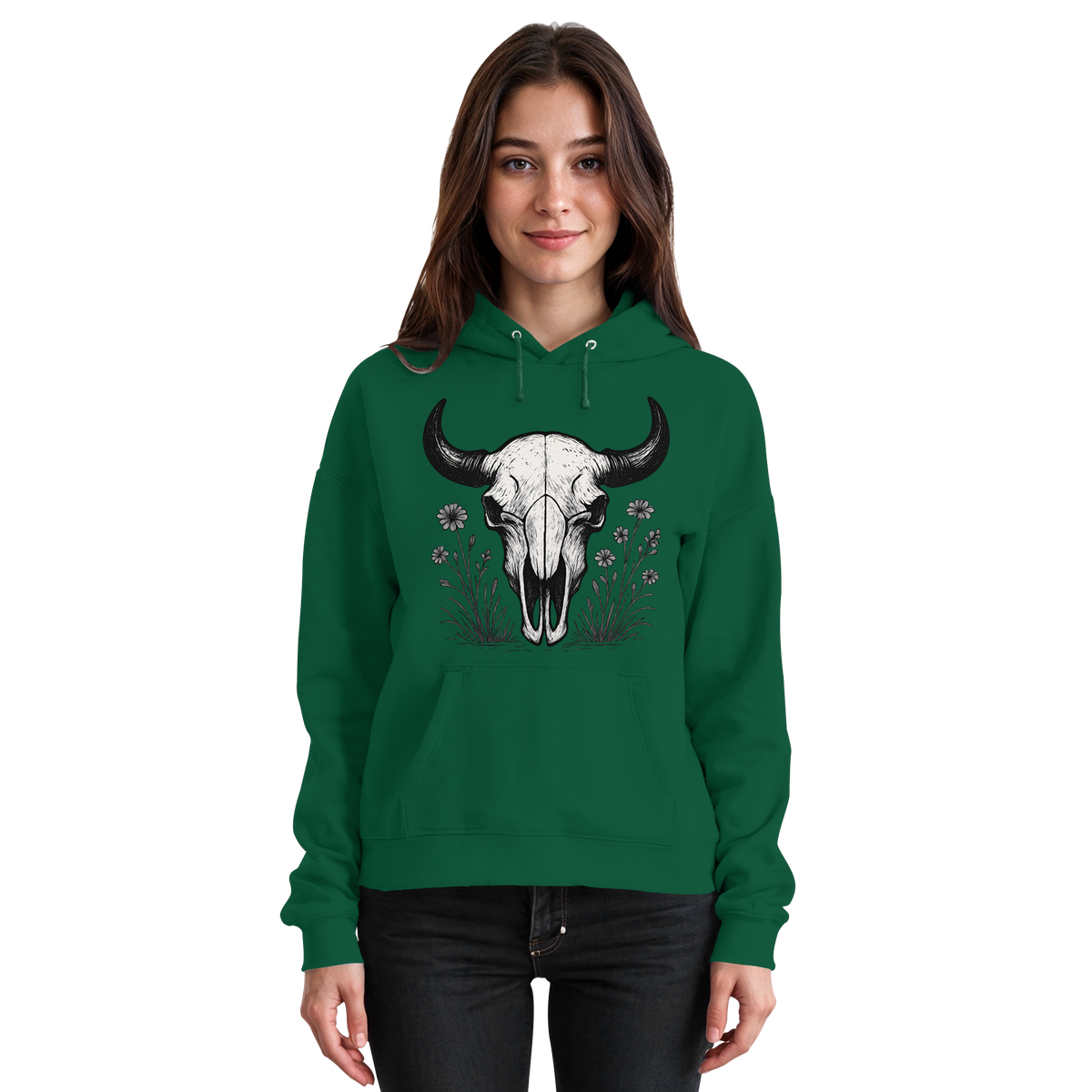 Bottle green Arvenzo Bison Skull hoodie shown from the front, featuring a unisex design and a bold printed bison skull graphic.