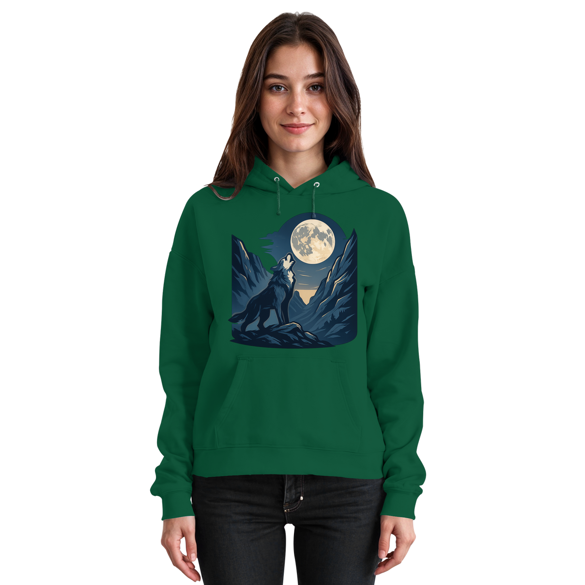 Front view of Arvenzo Silver Howl hoodie in bottle green, unisex design with a silver howl graphic on the chest.